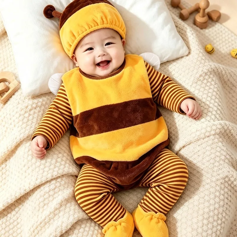 Newborn Infant Baby Boys Girls Bee Costume Romper Yellow Brown Striped Bodysuit Wings Antenna Hat Set 0 24M