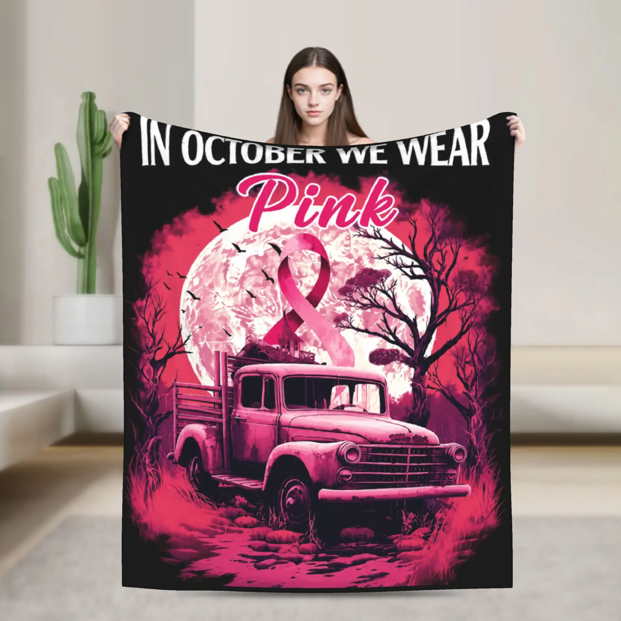 Breast Cancer Awareness Pink October Pink Ribbon Cancer Support Halloween Blanket Fleece Ultra-Soft Throw Blanket for Home Quilt