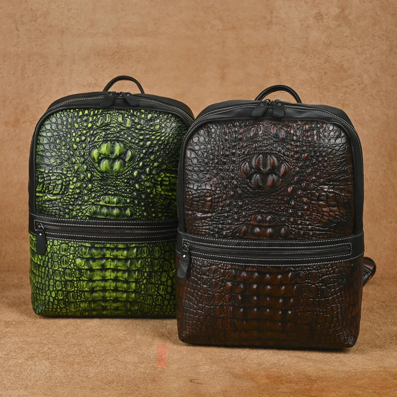 Premium Retro Men's Backpack Genuine First Layer Cowhide with Crocodile Pattern, Multifunctional for Business Travel Student