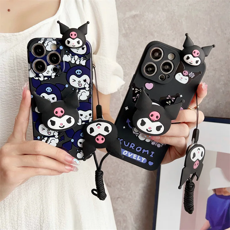 Funda de teléfono con cordón y soporte Kuromi de dibujos animados Kawaii 3D para iPhone 16 15 14 13 12 mini 11 Pro Max XS X XR 7 8 Plus, funda a prueba de golpes