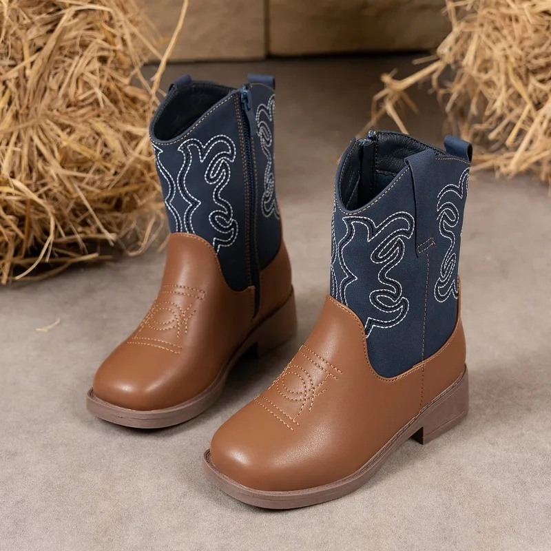 Children's Fashion Western - Style Cowboy Boots Black PU Leather Gorgeous Wing Embroidery Zipper Closure Kids Shoes for Girl