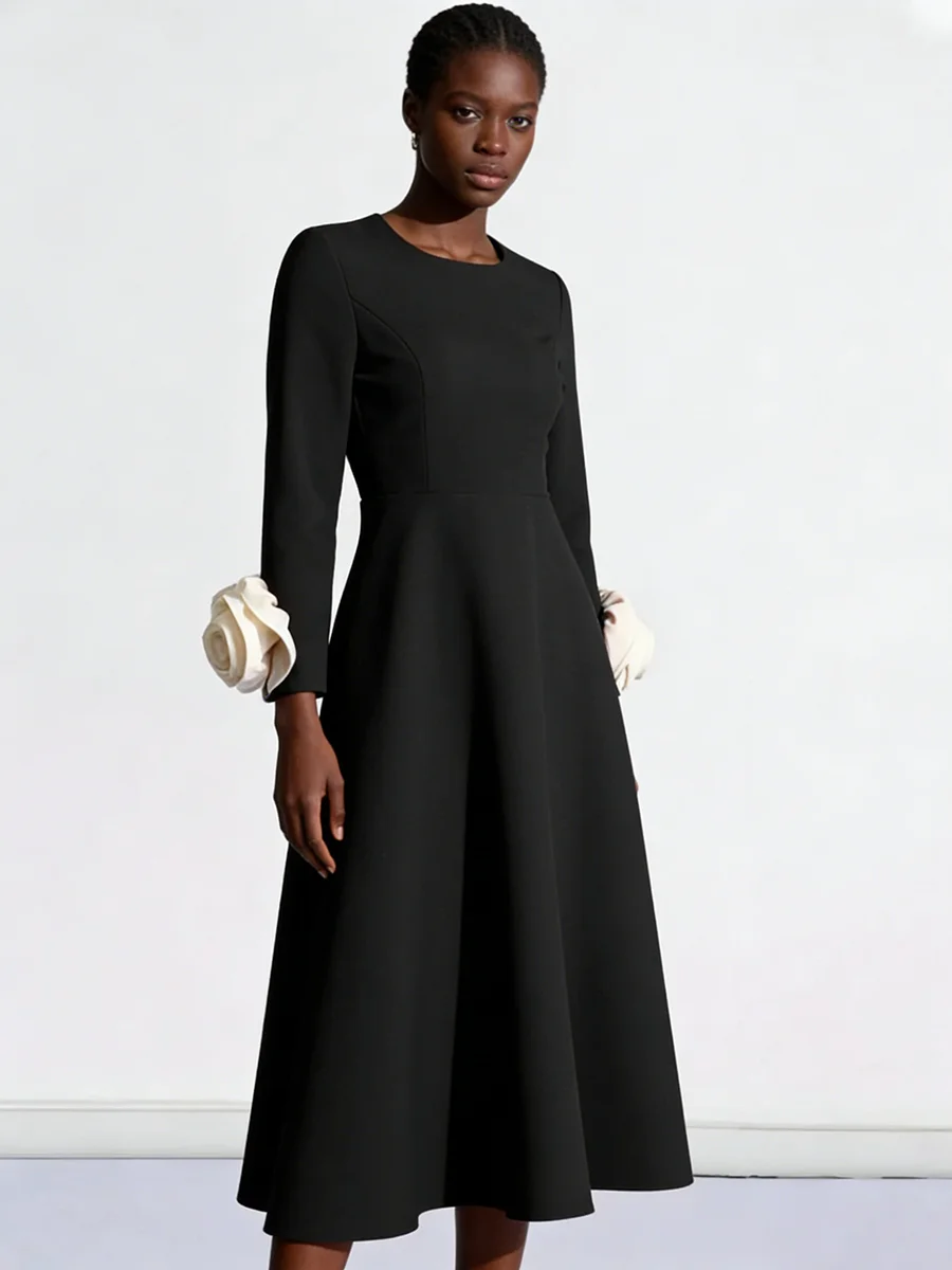 투트윈스타일 히트 컬러 슬리밍 스플라이스드 3D 플라워 드레스 여성용 라운드넥 긴팔 하이웨이스트 우아한 드레스 여성 신상