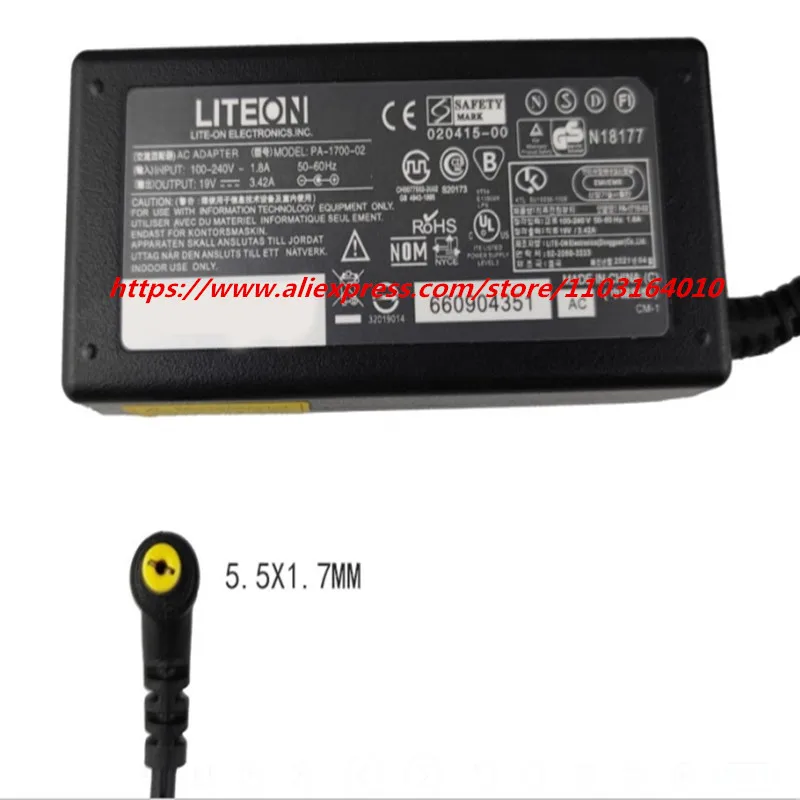 حقيقي PA-1650-22 ل Liteon محول التيار المتردد 19 فولت 3.42A 65 واط 5.5x1.7 مللي متر محول الطاقة لأجهزة الكمبيوتر المحمول أيسر مع طرف 5.5x1.7 مللي متر