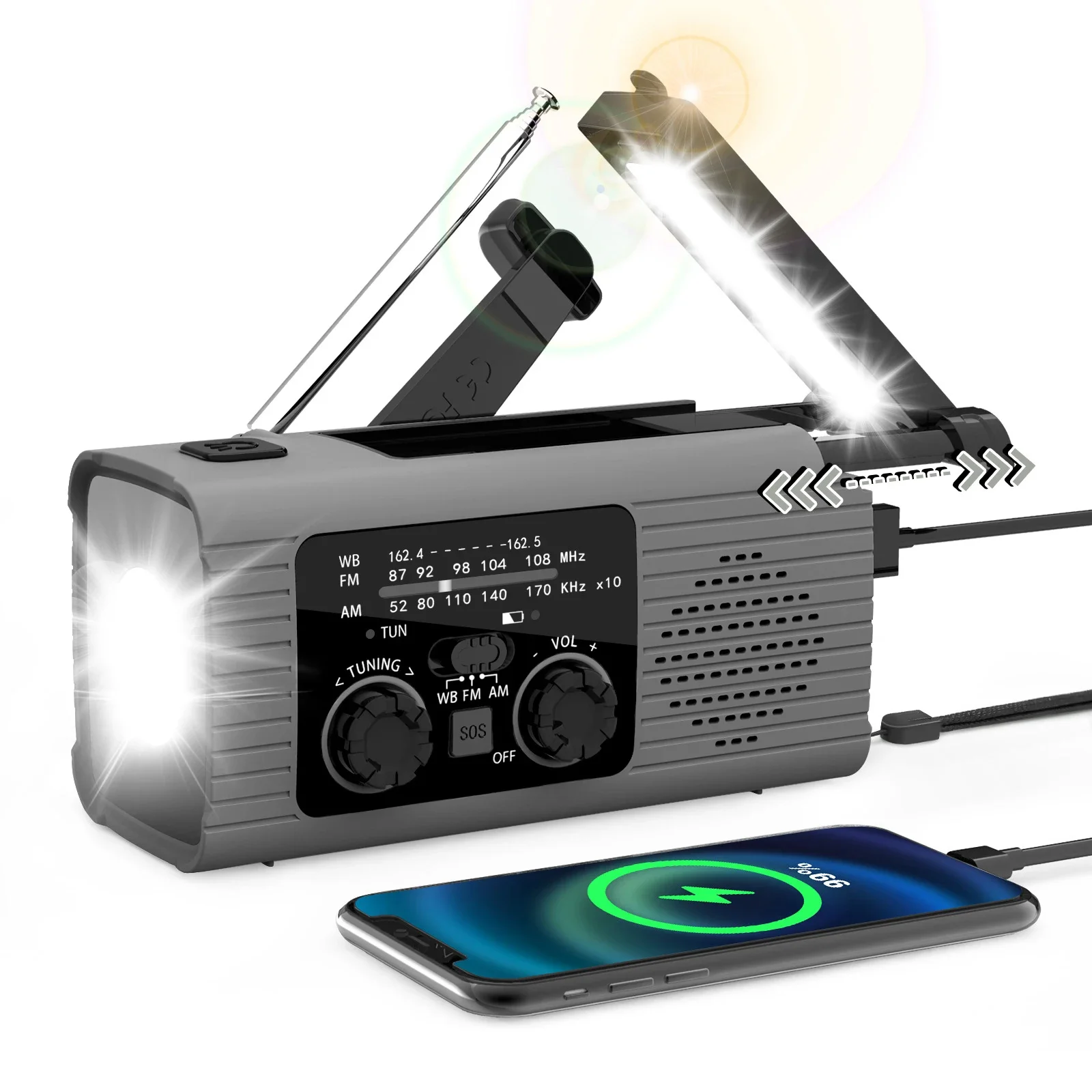 Hand Crank Radio 2000mAh Weather Radio Power Outages Solar Panel Ultra-bright LED Flashlight 7 Preset NOAA Channels