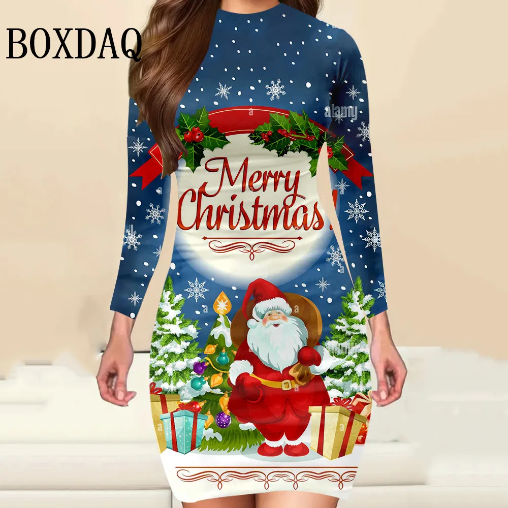 

Merry Christmas Cute Santa Claus Print Women Dress Autumn Winter Lady Long Sleeve Dress Christmas Tree Sexy Bodycon Party Dress