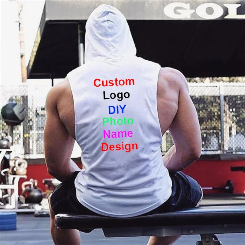 Customized Brand Logo Gym Sleeveless Shirt Mens Bodybuilding Fitness Hooded Tank Top Men DIY Graphics Printing Workout Clothing