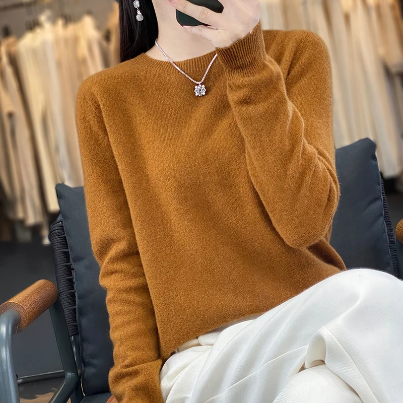 New Fashion Autumn And Winter Merino Wool Pullover Sweater Solid Color Long Sleeve Basic Thermal Top 100% Pure Wool SweaterWQ012