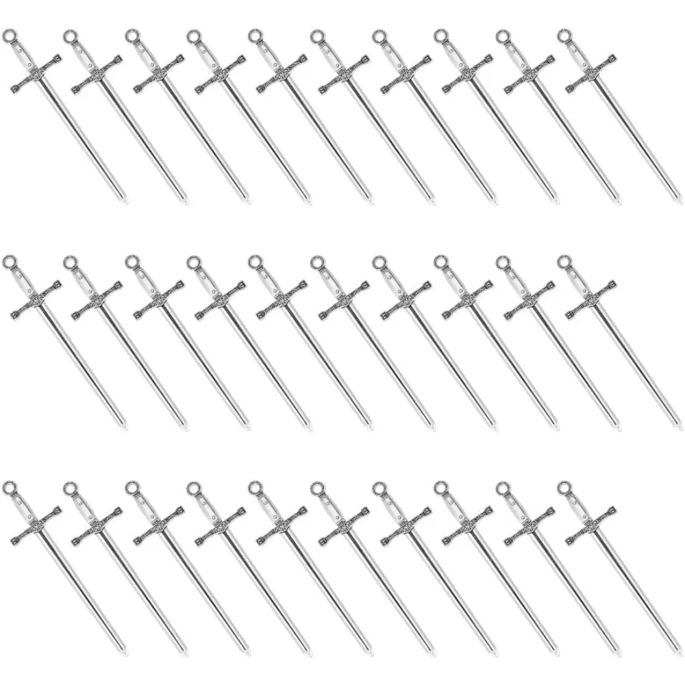 30Pcs Alloy Big Pendants Sword Charm Antique Silver Dagger Pendants Metal Long Charm Anime Figures Decoration Charm for DIY