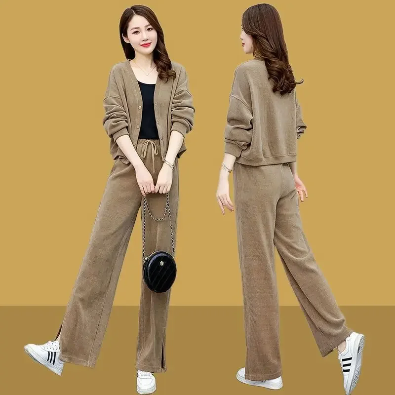 

Women's Cardigan Autumn Winter New Sports Suit Corduroy Coat Loose and Slimming V-neck Top Straight Wide Leg Pants Two Piece Set