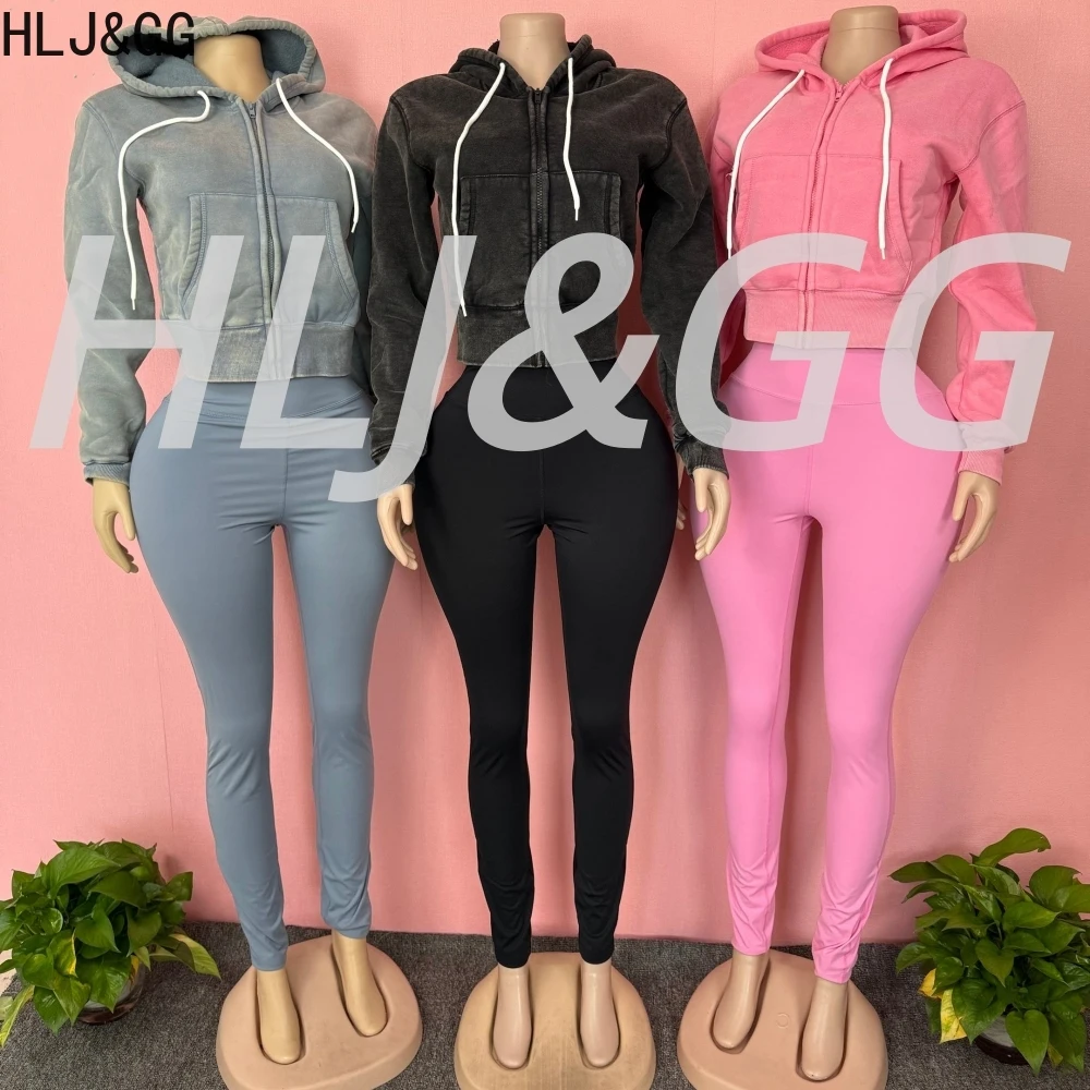 

HLJ&GG High Quality Autumn Sporty Skinny Pants Two Piece Sets Women Hooded Zip Long Sleeve Crop Top And Pants Outfits Tracksuits
