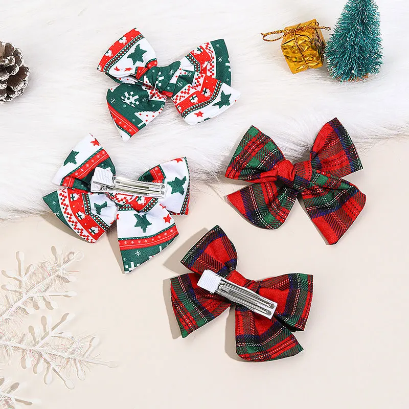 2PCS Vintage Christmas Plaid Hair Bow Clip For Girls Handmade Hairgrips Kids Hairpin Barrettes Children Headwear Accessories