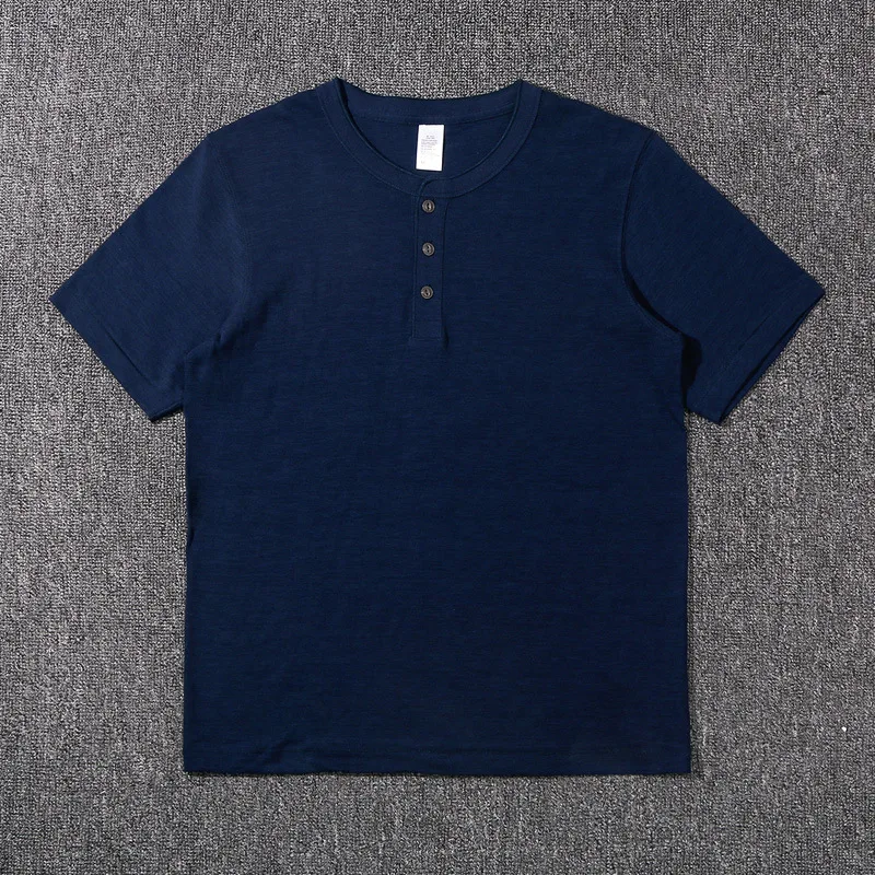 Ami الكاكي الثقيلة الخيزران القطن الرجال قصيرة الأكمام تي شيرت هنري طوق الأمريكية الرجعية فضفاضة لينة قاع قميص الصيف #4