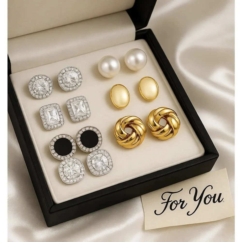 

Набор из 8 пар серег-гвоздиков для женщин: с кубическим цирконием, в форме узла, с имитацией жемчуга, простые, на штифте