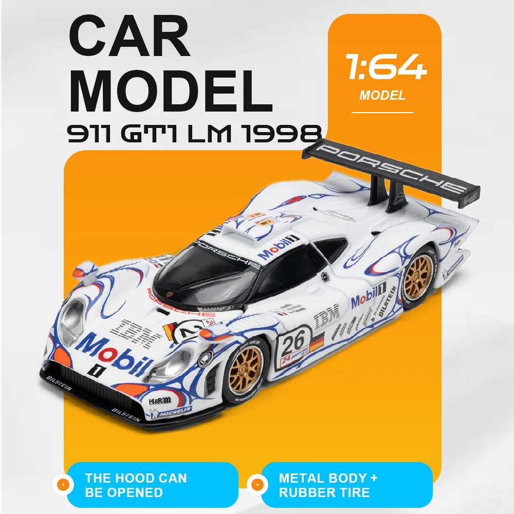

Mini 1:64 Scale 911 GT1 LM 1998 Sports Car Model Toy Hood Openable Metal Die-cast Rubber Tires for Adults Hobby Presents