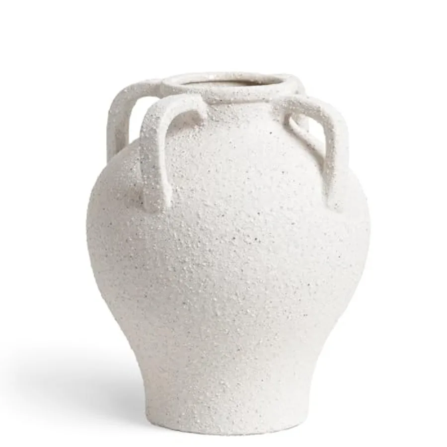 

White Ceramic Vase with 4 Handles, 8.8" Rustic Farmhouse Centerpiece - Decorative Flower Vase for Living Room, Table, Bookshelf