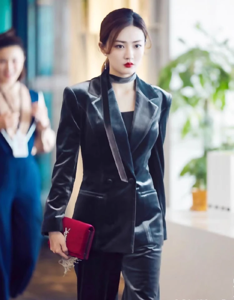 

Gray Velvet Suit Jacket and Pants Women Elegant Streetwear Business Two Piece Sets Lady Autumn Winter Chic Pant Set