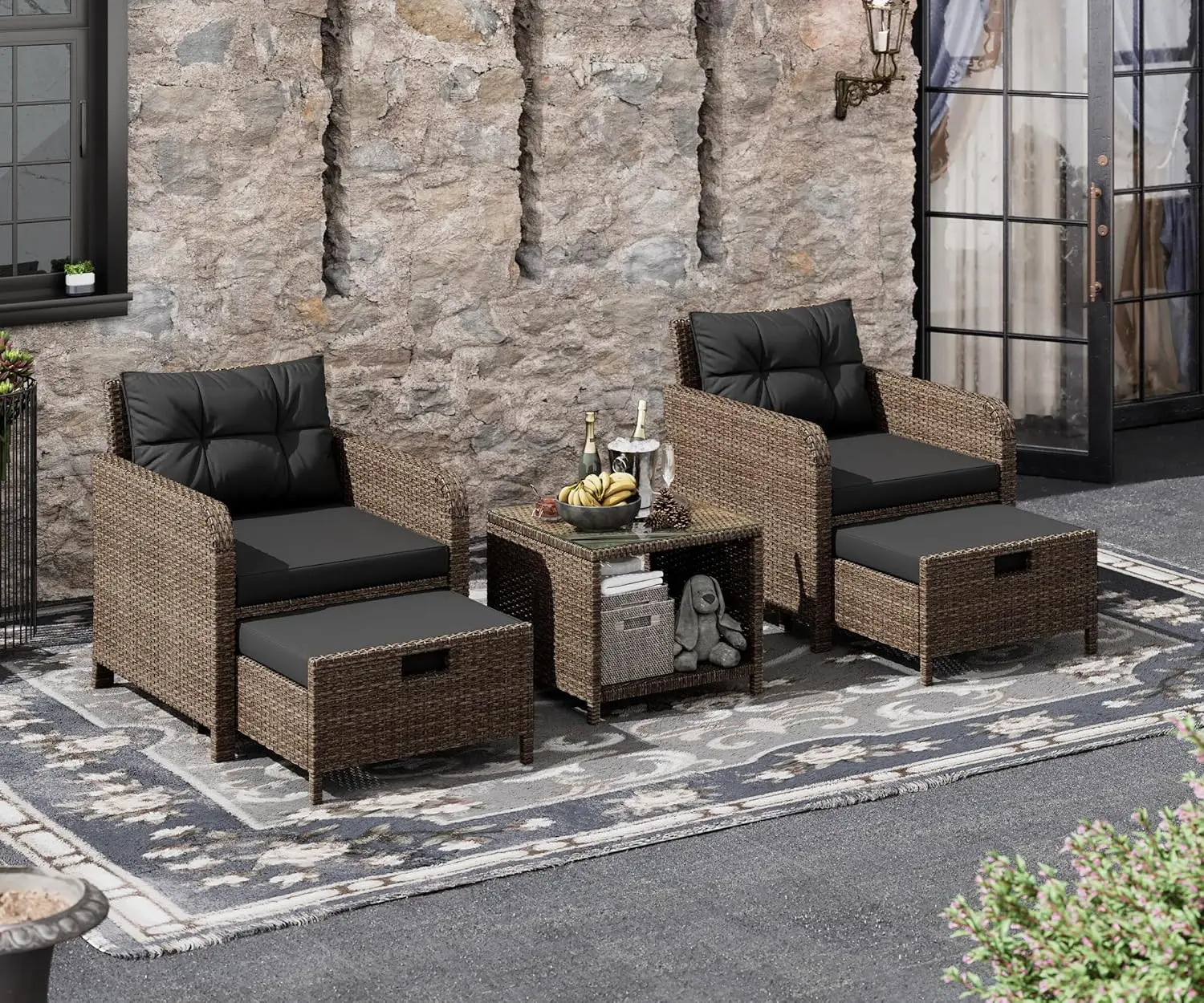 Balcony Furniture 5 Piece Patio Conversation Set, PE Wicker Rattan Outdoor Lounge Chairs with Soft Cushions 2 Ottoman& Lawn