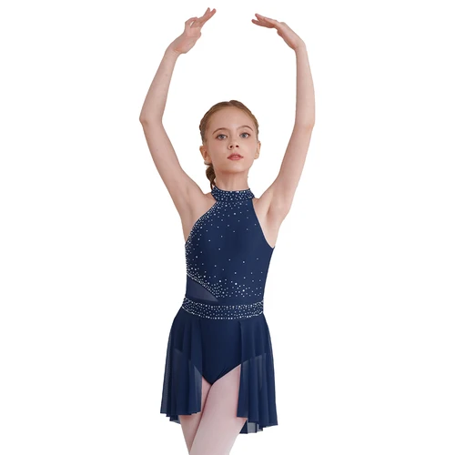 Imagen 2 del producto Niños Niñas Ballet gimnasia leotardo danza lírica vestido de patinaje artístico cremallera trasera brillante Rhinestone puesta en escena Ropa de baile