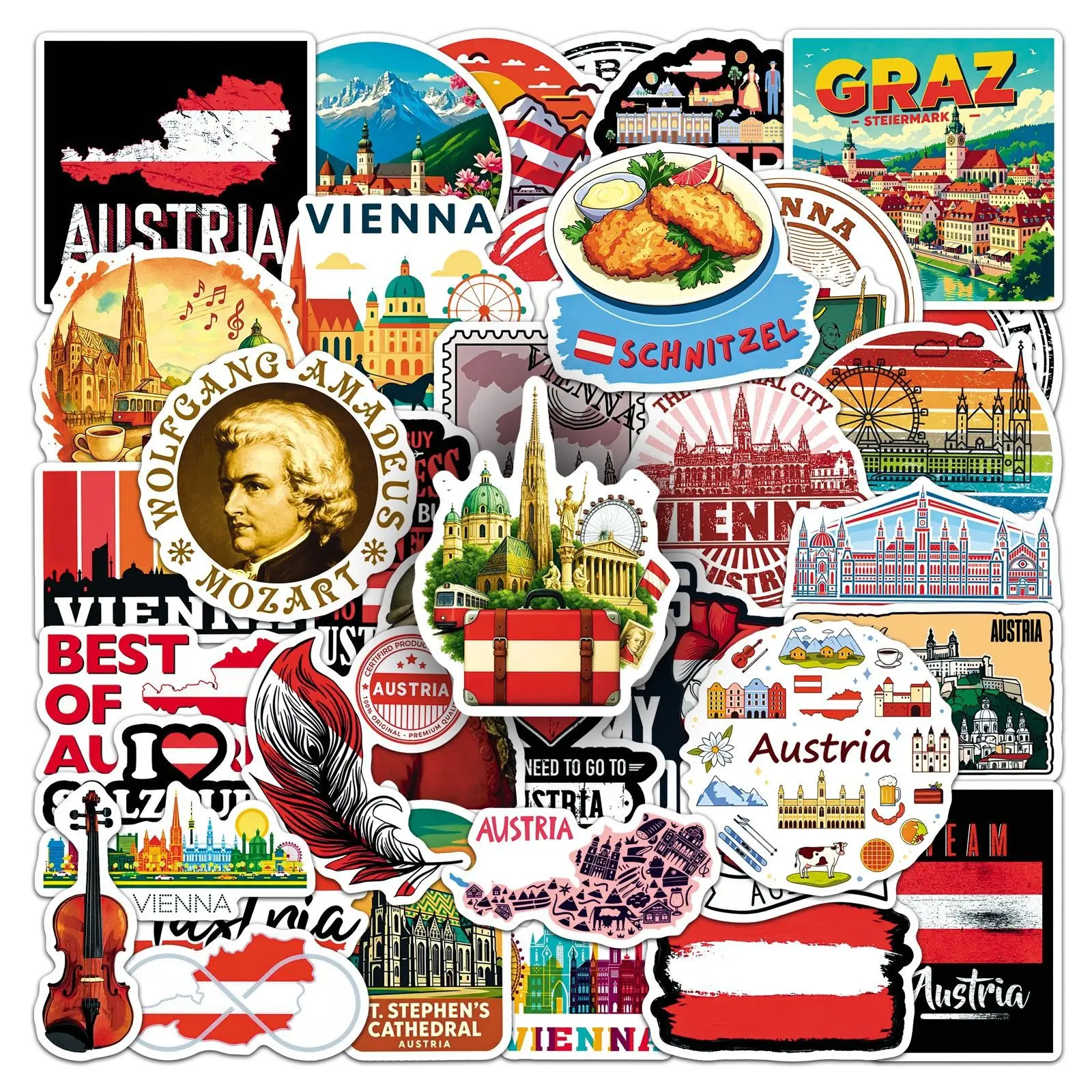 50Pcs Austrian Stickers National Symbols Vienna Music Capital Landmarks Scenery Suitcase Notebook Stationery Stickers