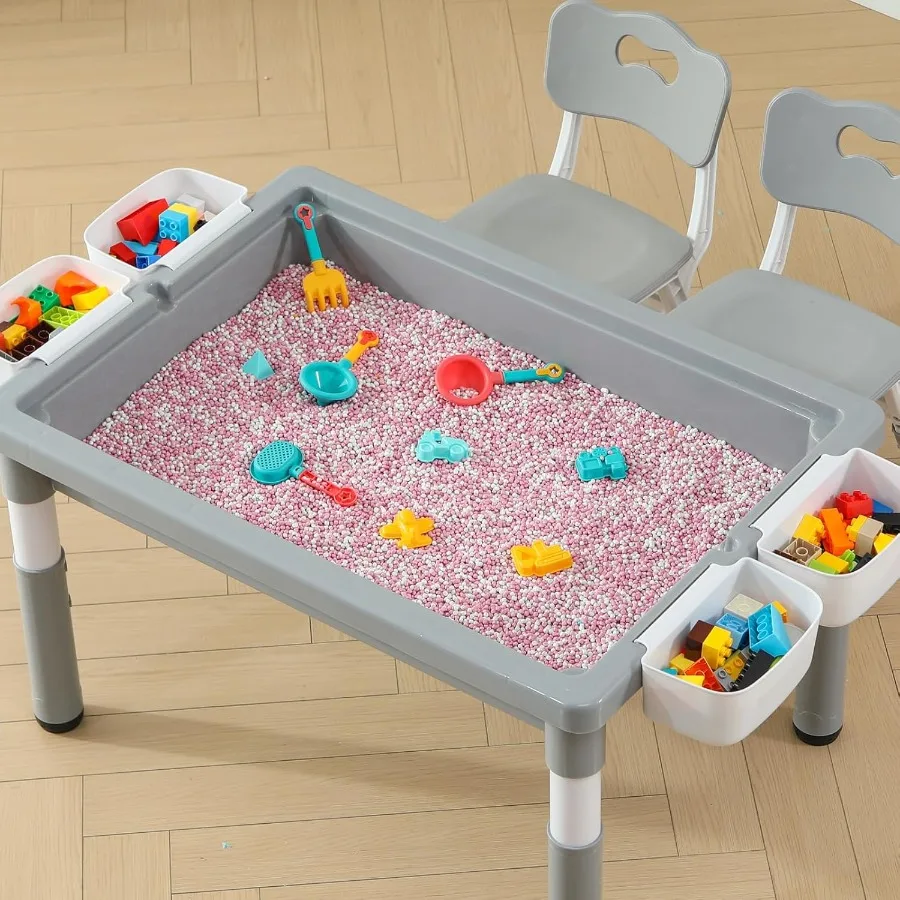Multi Functional Table and 2 Chairs Set with Graffiti Building Blocks Double-Sided Tabletop Toddler Play Table Featuring Drawer
