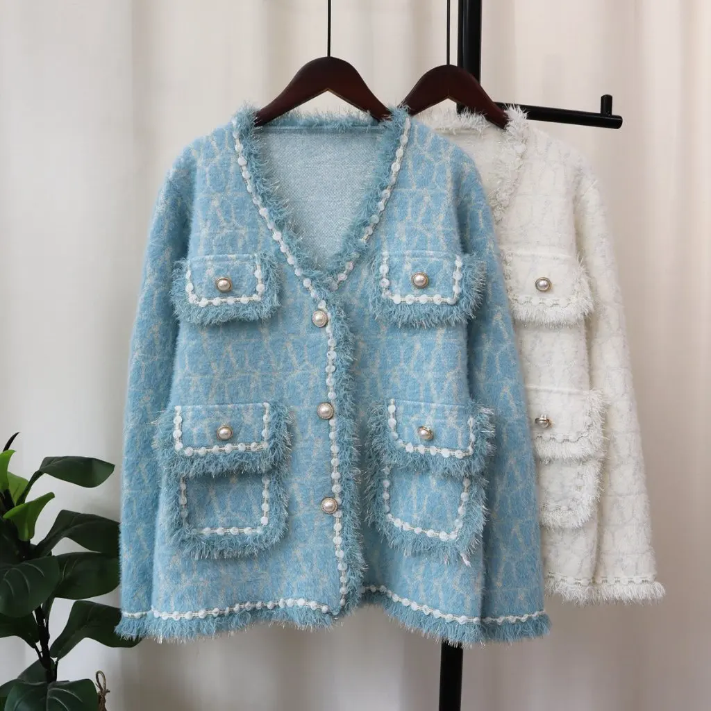 

Style Women's Faux Mink Velvet Knitted Cardigan Loose High-Grade Temperament Sweater Coat for Autumn Winter Fashion