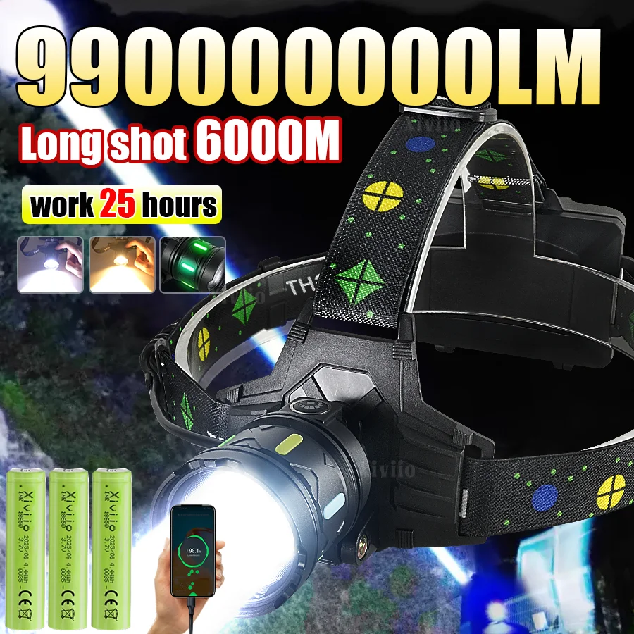 990000000LM Powerful Long Range LED Headlamp USB High Power Outdoor Head Lamp Fishing Light  Headlight  Rechargeable Flashlight