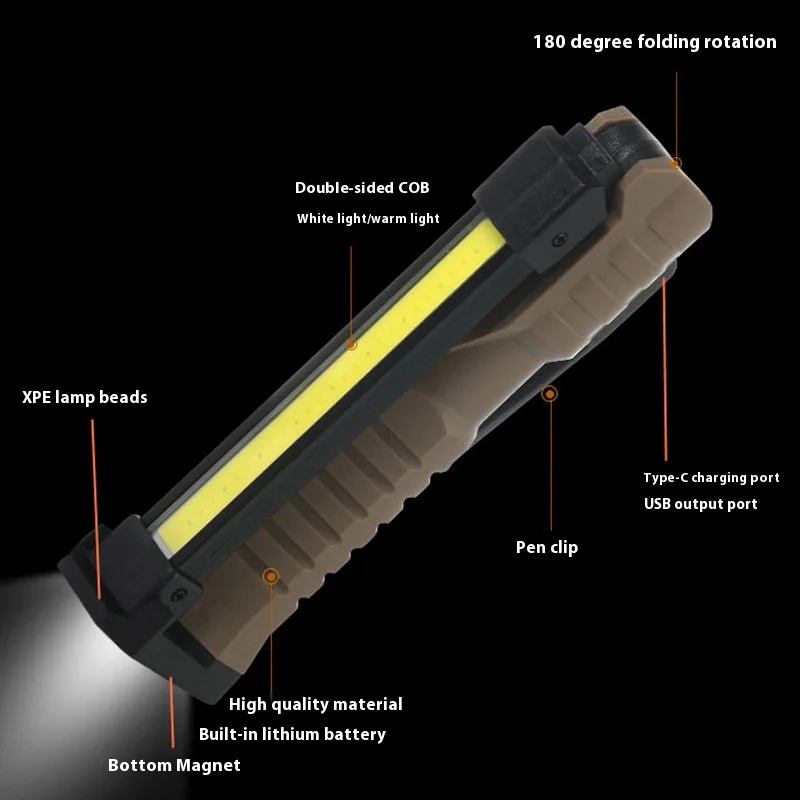 Rechargeable LED Work Light Grill Light with Magnetic Base USB-C 18650 Mechanic Inspection Lamp for Car Repairing/Emergency Tool