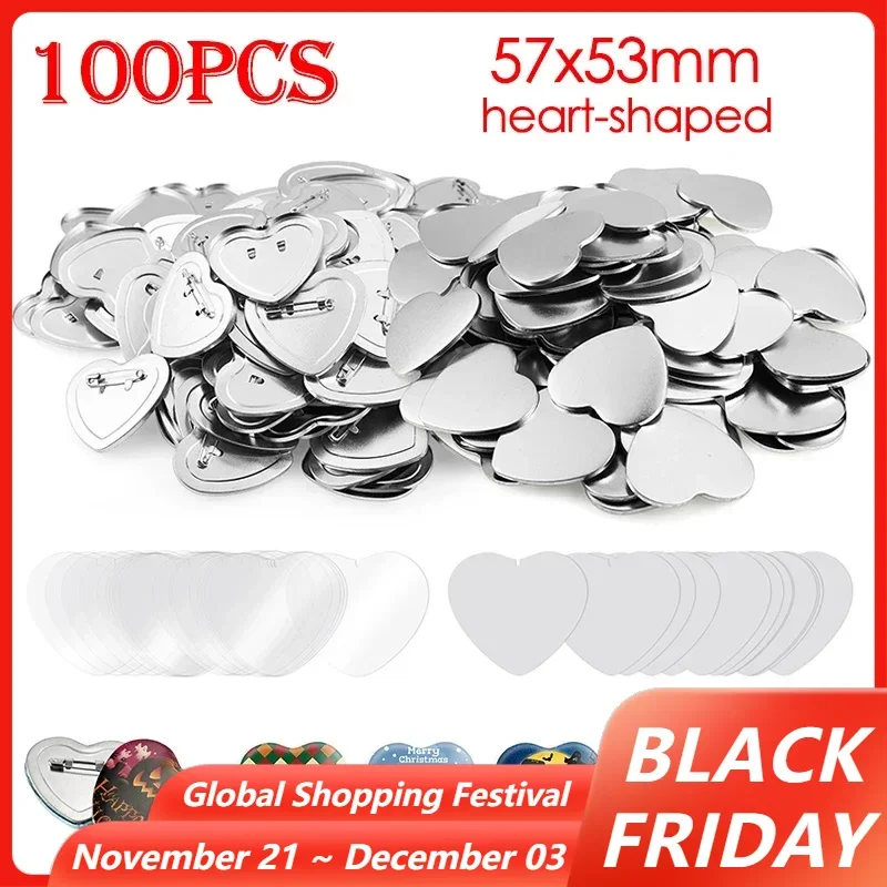 100PCS Badge Button Pins Parts 57x53mm Heart Shaped DIY Making Materials for Button Maker Machine Art Crafts Making Accessories