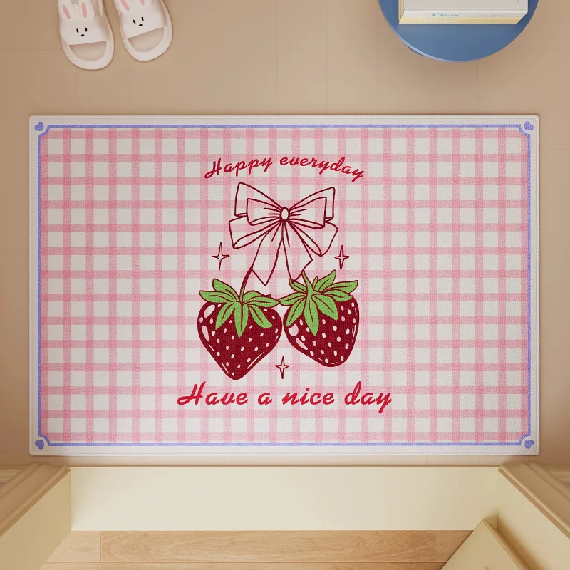 VIKAMA Pink Gingham Strawberry Bow Cute Area Rug Non Slip Washable Soft Doormat Entryway Kitchen Living Room