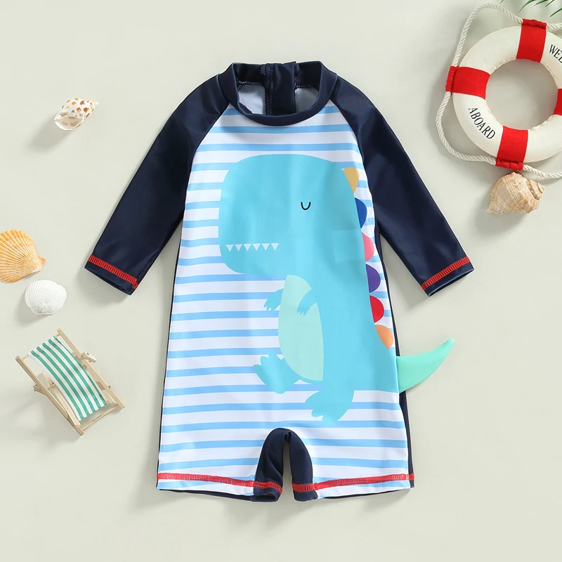 

2023-01-03 Lioraitiin 0-6Years Kid Romper Swimsuit, 3/4 Sleeves Round Neck Dinosaur Stripes Print Summer Beach Swimwear