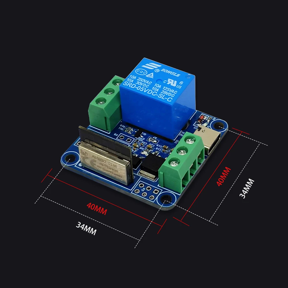 

WB2-01M WiFi Bluetooth BLE Single Relay Module Suit for WB2 Secondary Development with Led Indicator Type-C/DC7-12V Power Supply