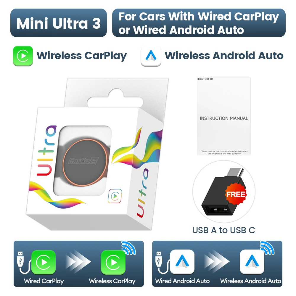 Mini Ultra 3 CarlinKit 5.0 2-in-1 draadloze adapter Draadloze Android Auto CarPlay Smart Car Box OTA-upgrade WiFi BT Auto-Connect