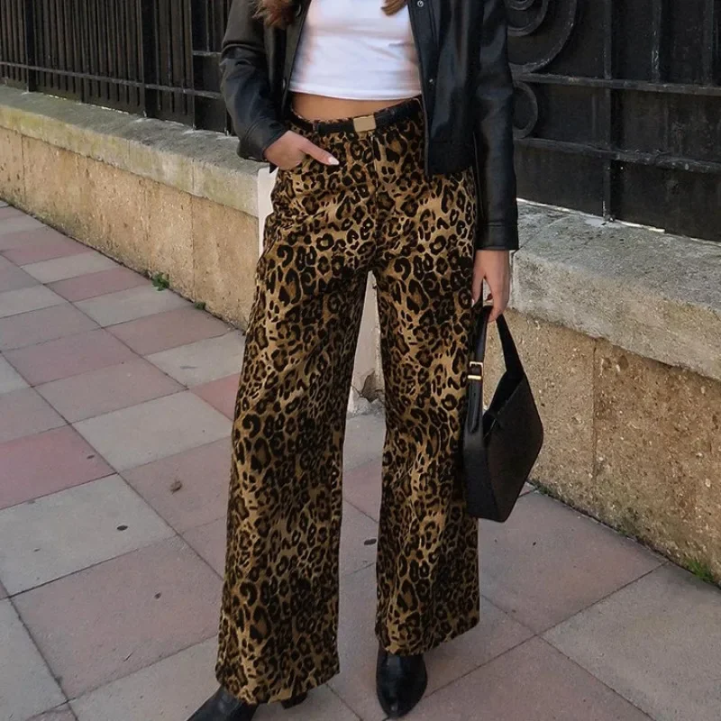 

Retro Women's Wide Leg Baggy Jeans Harajuku Leopard Print High Waist Loose Straight Trouser Hip Hop Vintage Casual Streetwear