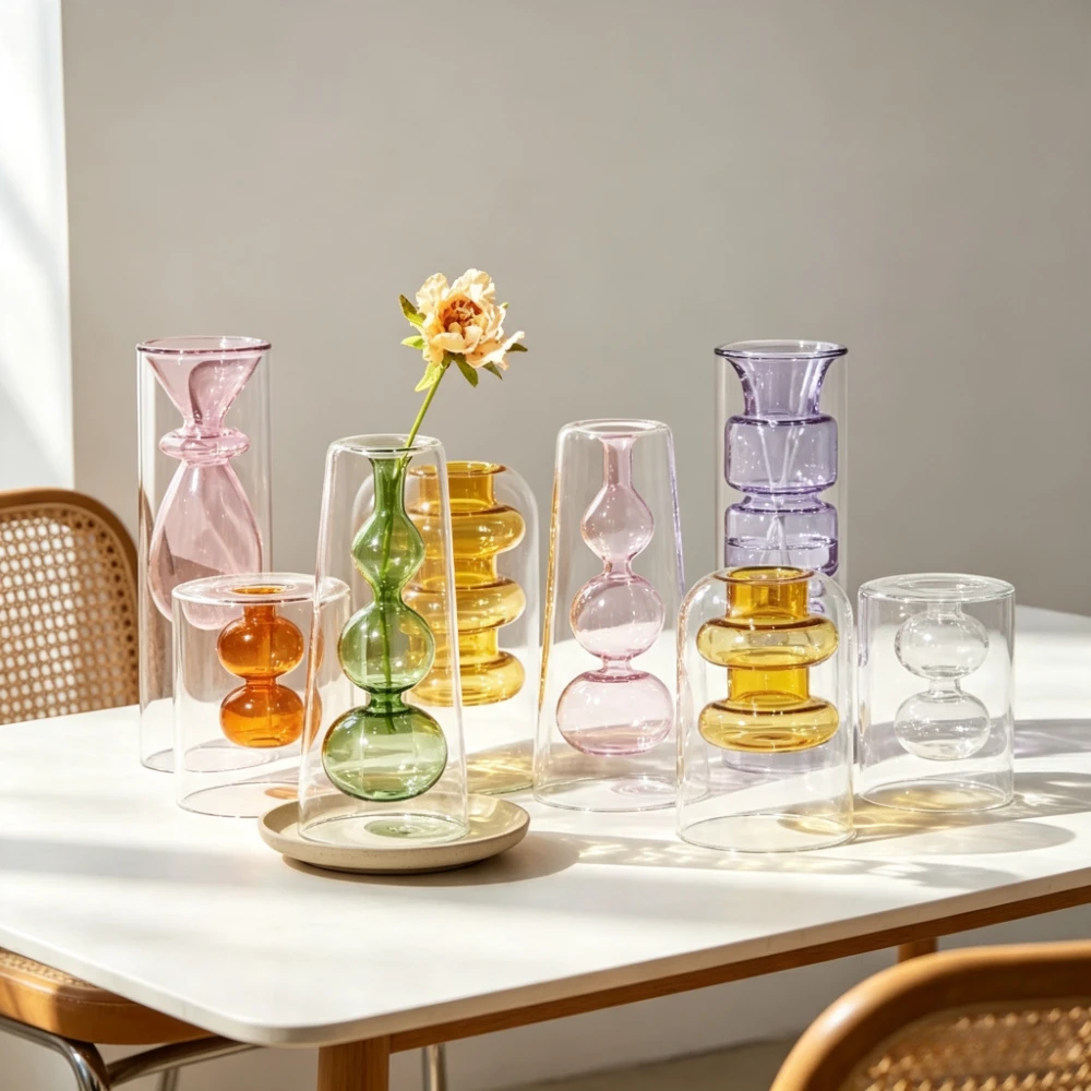 Colorful Bubble Glass Vase Double Layer Hydroponic Floral Arrangement Vase Nordic Living Room Coffee Table Centerpiece Decor