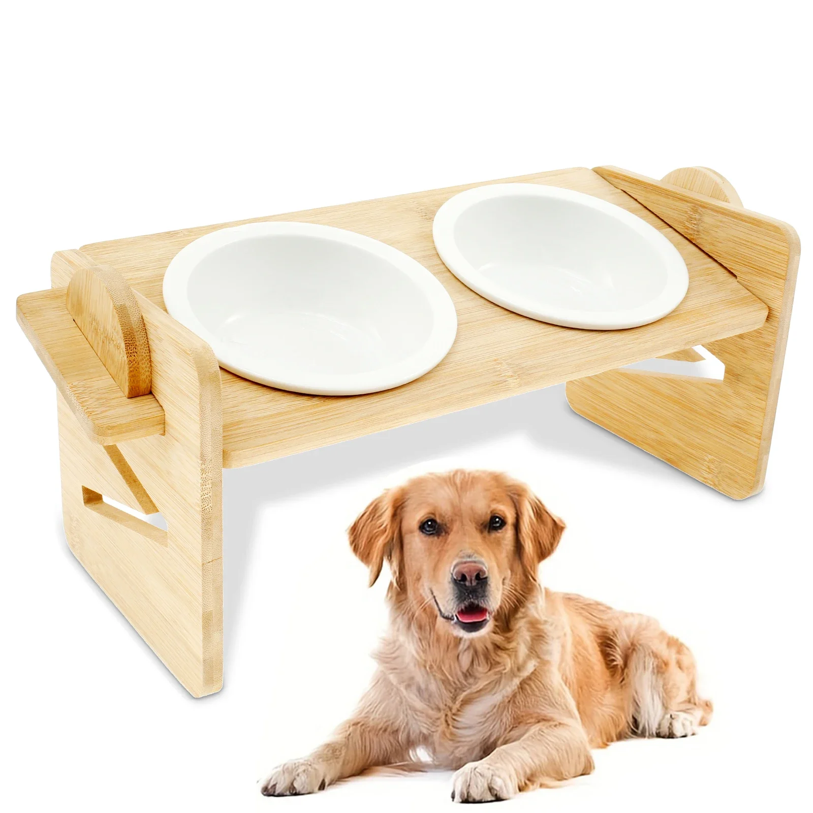 

Elevated Dog Bowls Height Adjustable Raised Dog with 2 Ceramic Food Water Bowl 15° Tilted Wood Stand Pet Small Medium Large Dogs