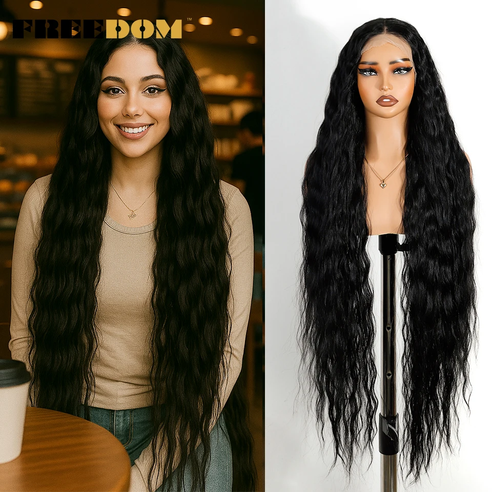 

FREEDOM Curly Synthetic Lace Frontal Wig 13x4 Free Part Lace Front Wigs For Women Super Long 40 Inch Kinky Curly Wave Black Wig