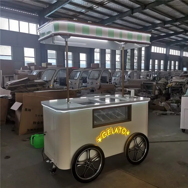 Ice Cream Mobile Selling Trolley Freezer Refrigerator Hand Push Cart for Street Food Vendor Custom