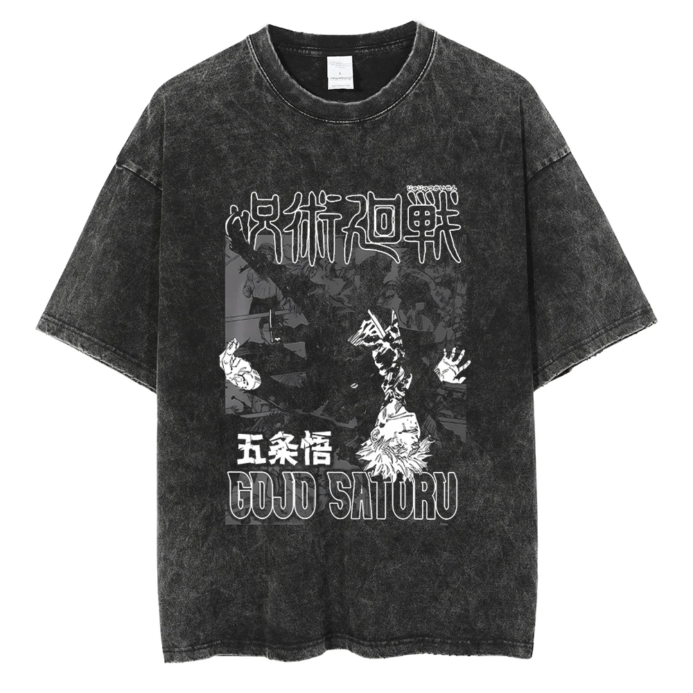 Hot Anime Jujutsu Kaisen Satoru Gojo Graphic Print Tshirt Men Women Washed Cotton T-shirts Harajuku Male Oversized T Shirt