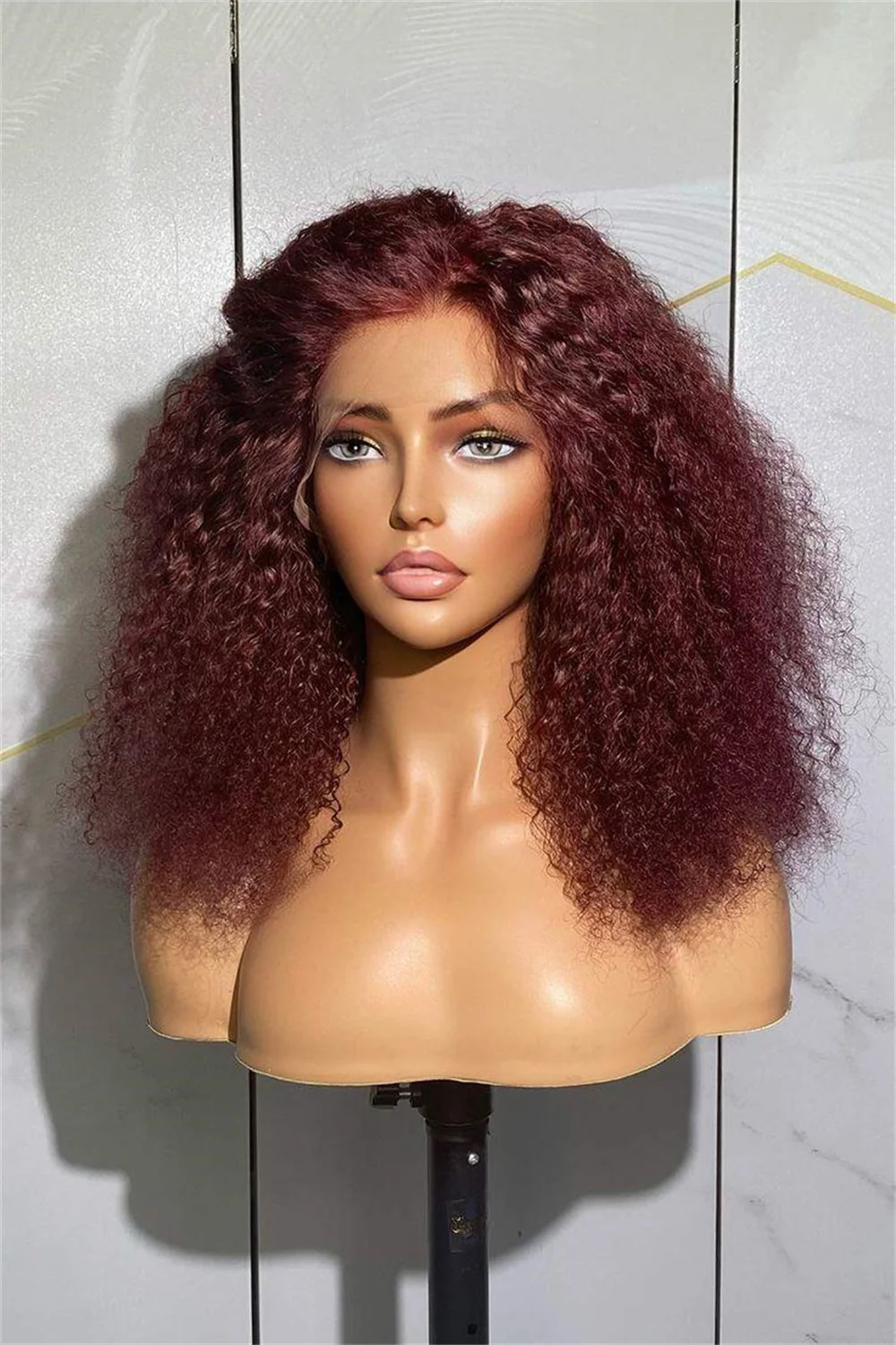 부드러운 프리플러크 버건드 킨키 곱슬 180 밀도, 흑인 여성용 긴 레이스 프론트 가발, 킨키 곱슬 베이비 헤어, 자연스러운 헤어 라인, 26 인치