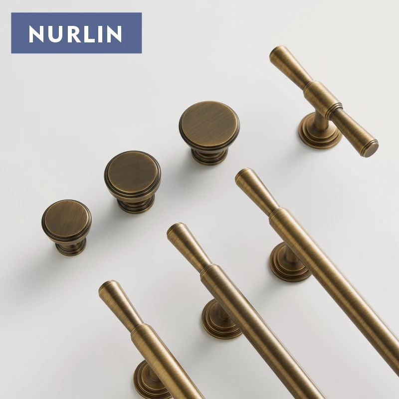 Nurlin Solid Brass Vintage Brushed Antique Bronze Wardrobe Cabinet Door Drawer Cabinet Handle Luxurious T-bar Multiple Sizes