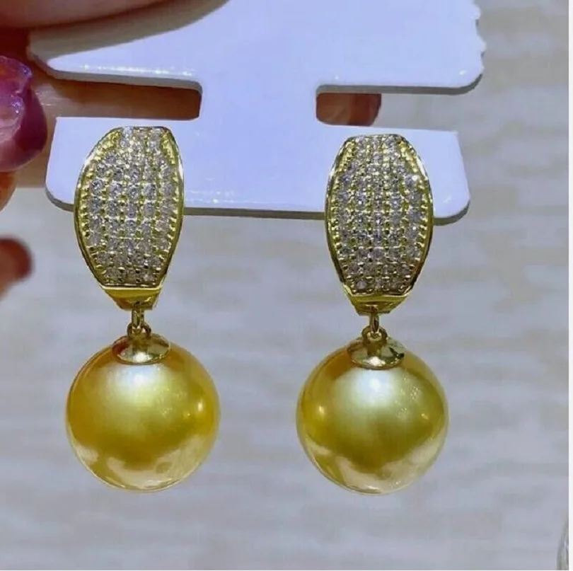 Large quantity of AAAAA 11-10mm genuine natural round South China Sea gold pearl earrings 925s