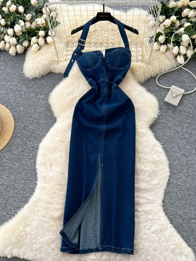 Long Dress Women Denim Dresses Sexy Halter Sling Vestidos Streetwear Wrap Hip Sleeveless Elegant Splice Y2k Party Night 2025