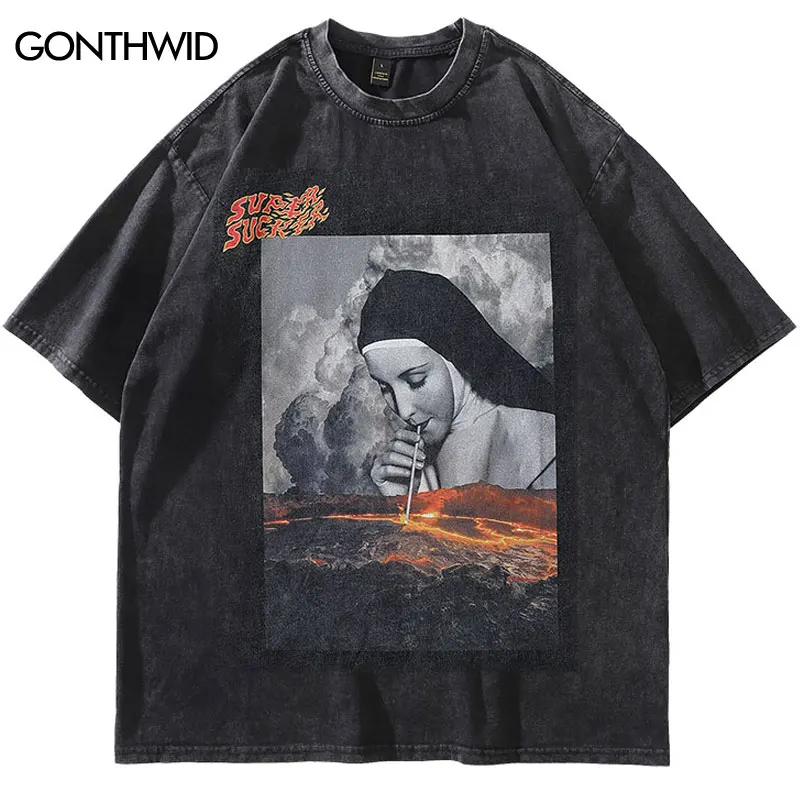 Vintage Black Oversize T-Shirt Funny Nun Graphic Print Washed Tshirt Streetwear 2024 Hip Hop Harajuku Punk Cotton Loose Tops Tee