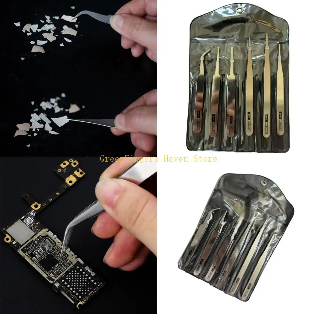 

F68D Essential 6Piece Stainless Steel Tweezer Collection Bent Straight Tweezers Repair Tool Precise