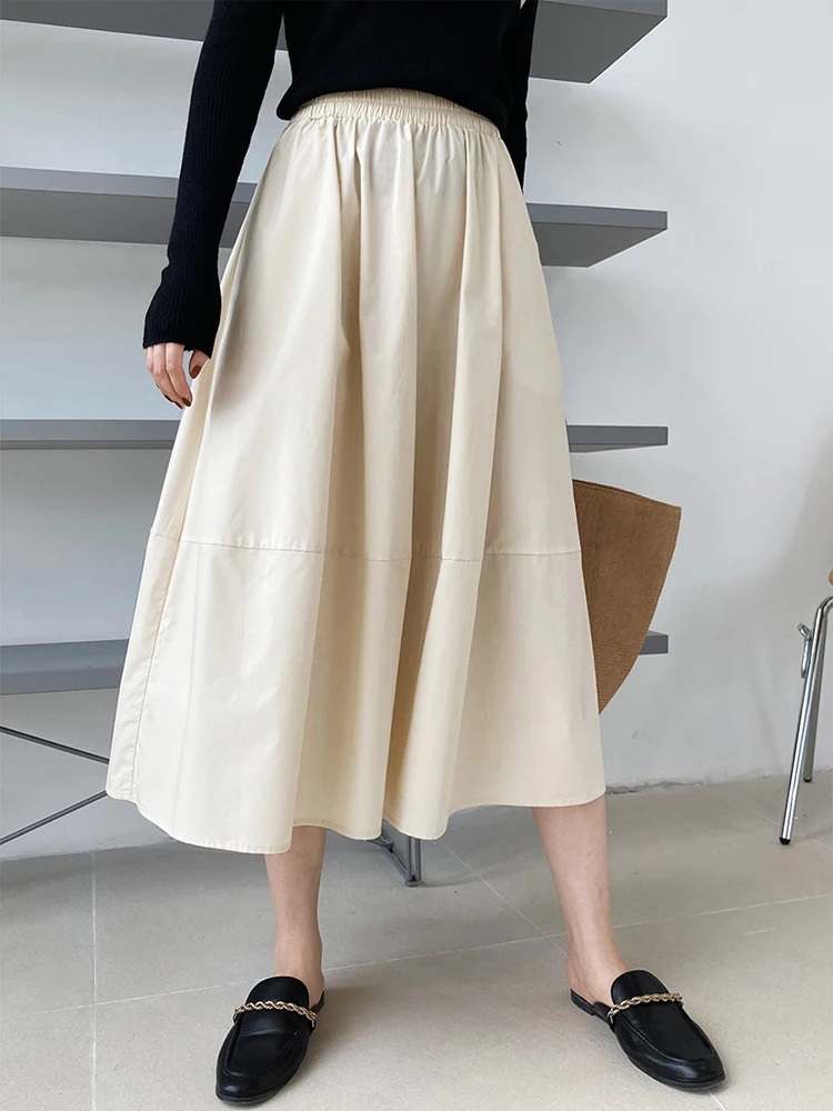 [LANMREM] A-line Elastic High Waist Skirts For Women Solid Mid-length Minimalism Loose Female Clothing 2024 Summer New 26D9008