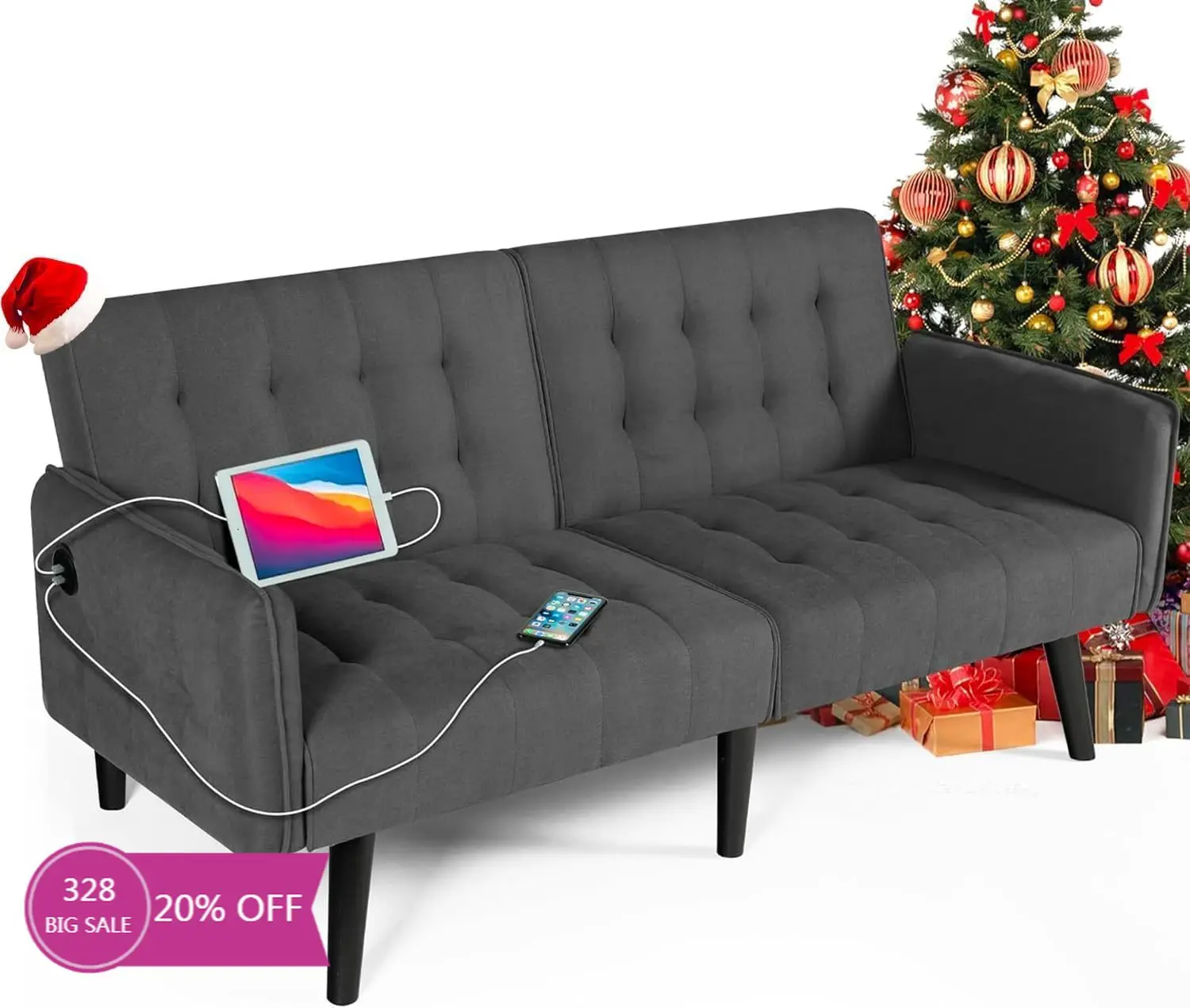 65“ Convertible Futon Sofa Bed w/ 2 USB, Upholstered Tufted Small Adjustable Folding Couch Loveseat