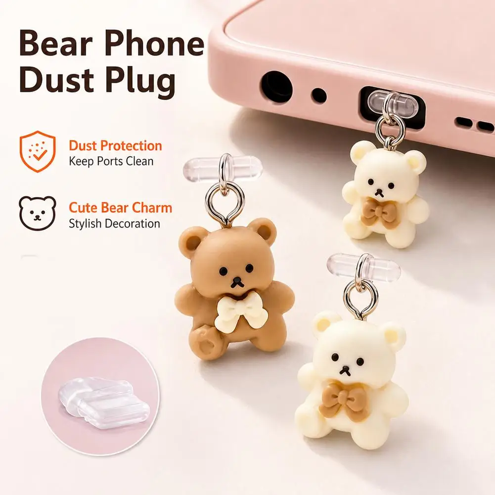 Phone Dust Plug Cute Bear PVC Dustproof Anti-Lost Charging Port Protector Universal Type-C For iPhone Micro USB
