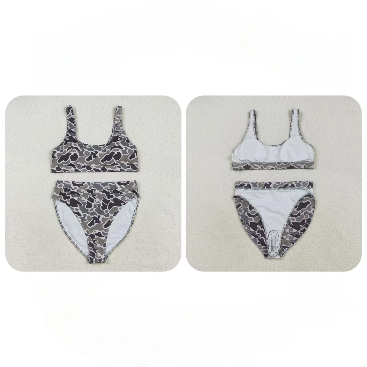 

Wholesale Adult Women Sleeveless Camo Shorts Checked Swimwear Set Summer Swimsuit Camo Bathing Suit Two-piece Dark Grey Clothing