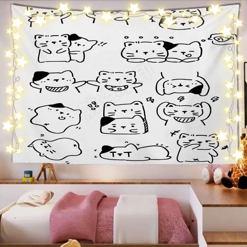 VIKAMA Kittens Sketch Doodle Art Horizontal Tapestry Wall Hanging for Home Aesthetic Cozy Chic Elegant Modern Home Decor