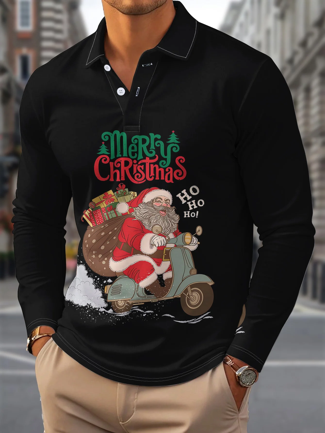 

Santa Claus Printed Men's Long Sleeve POLO Shirts Autumn Winter Casual X'mas Turn-down Collar Buttoned Sweatshirts Men Clothing